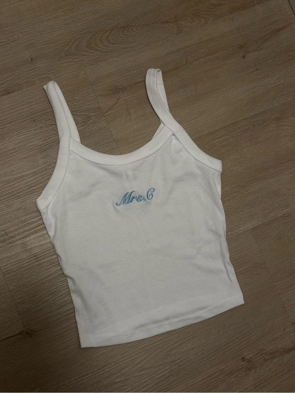 White Tank Top with Light Blue Embroidery “Mrs. C”